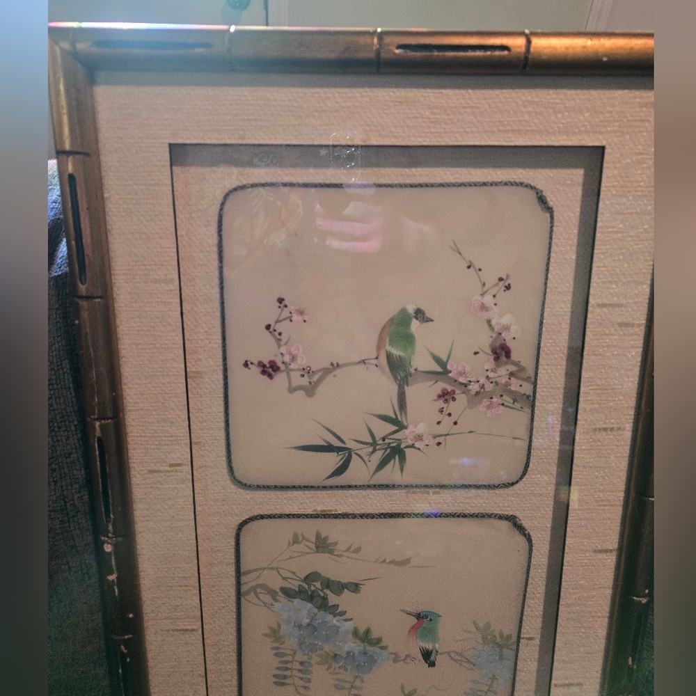 Gold Bamboo Framed Chinese Silk Bird Paintings - Picture 2 of 5